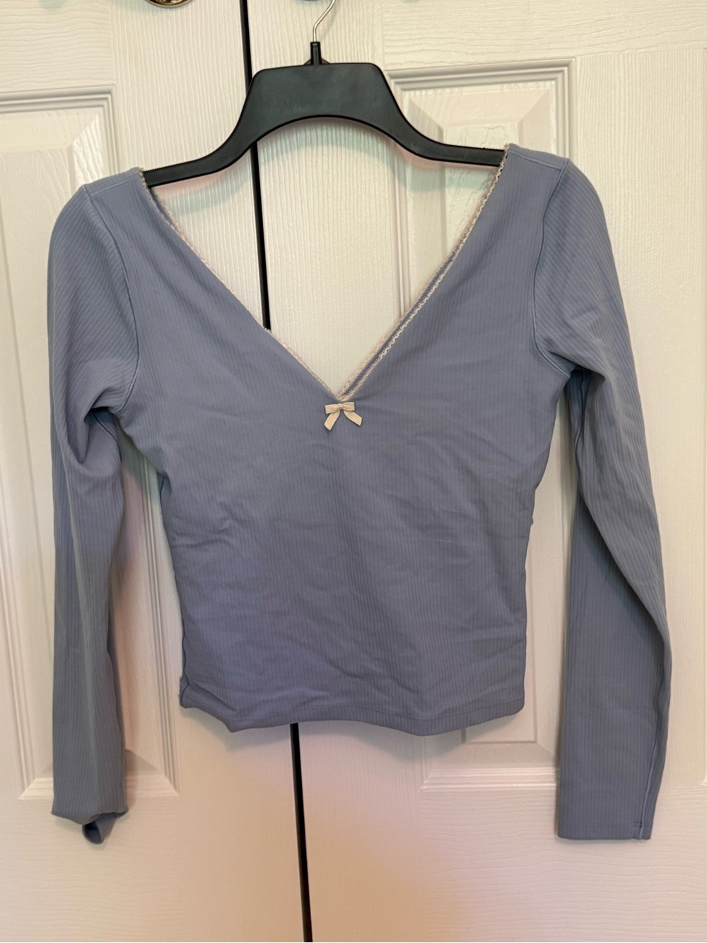 aerie Light Blue V-Neck Ribbed Long Sleeve Top with Bow Trim